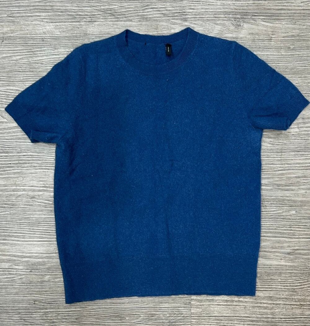Soft Cashmere 100% Cashmere Blue Short Sleeve Crewneck Knit Sweater Women's M